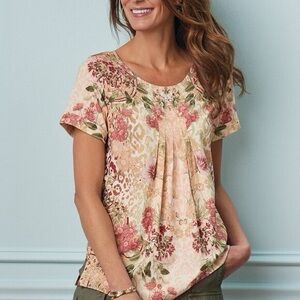 Soft Surroundings Pink and Gold Cusabo Floral Blouse